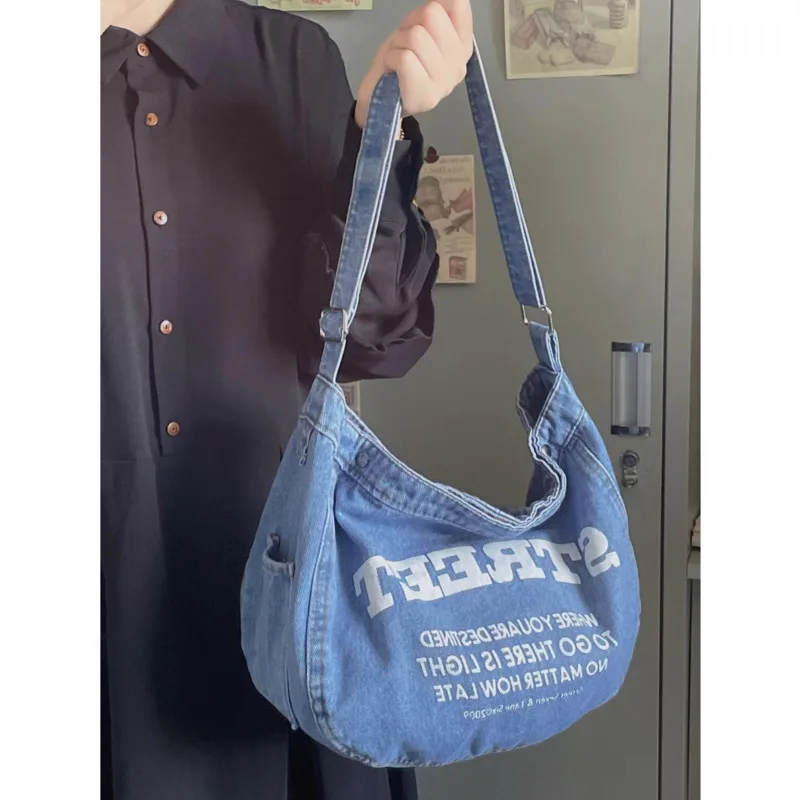 

Denim Bag Fashion Street Casual Denim Fabric Shoulder Bag Female Crossbody Canvas Soft Side Slouchy Bag For Students Tote Bag