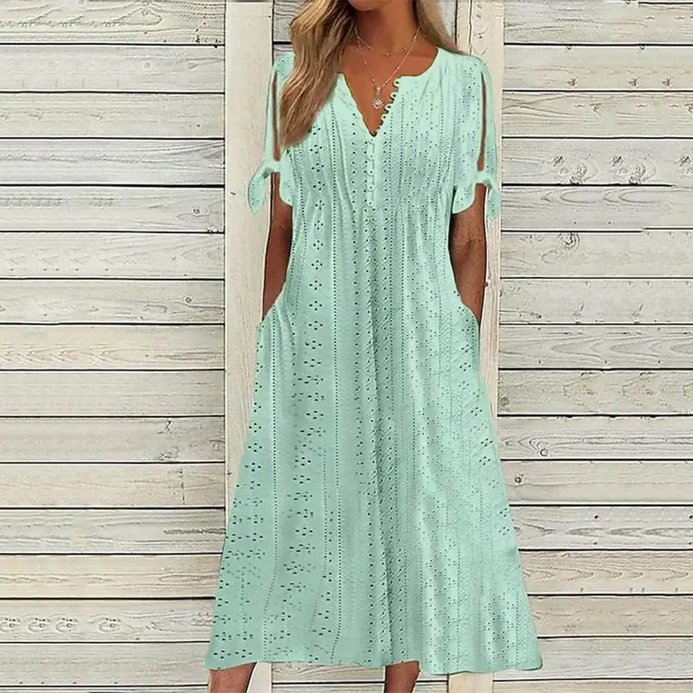 

Stylish Lady Dress Solid Color Breathable Summer Midi Dress Pockets A-line Lady Midi Dress