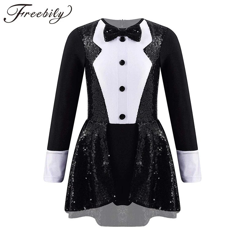 

Kids Girls Long Sleeve Ballroom Latin Jazz Ballet Dance Dress Bow Tie Sequins Decor Leotards Tuxedo Dancewear Cosplay Costume