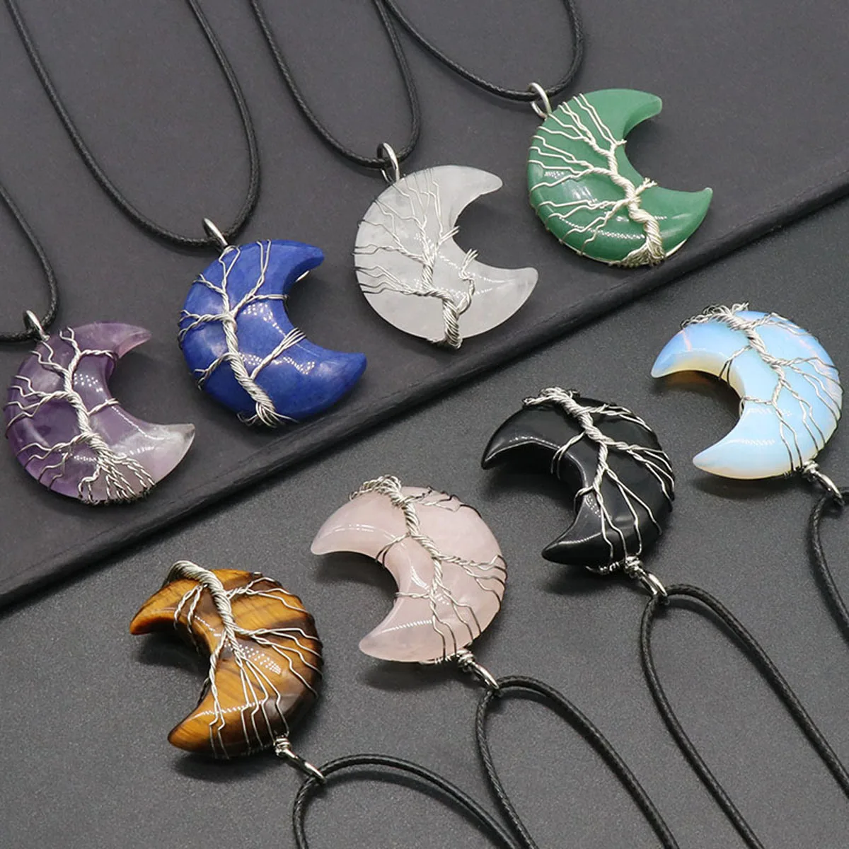 

Natural Stone Pendants Necklace Hand Knitting Wire Life Tree Quartz Agate Turquoise Charms Jewelry Gift Party
