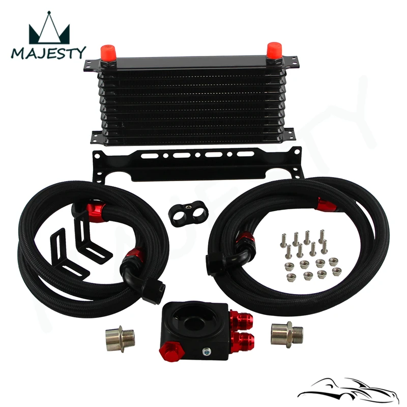 

Universal10Row Stacked Plate Cooler with 3/4" -16 and M20-1.5 Oil Filter Thermostat Sandwich Plate Adapter +Bracket+ Oil Hose