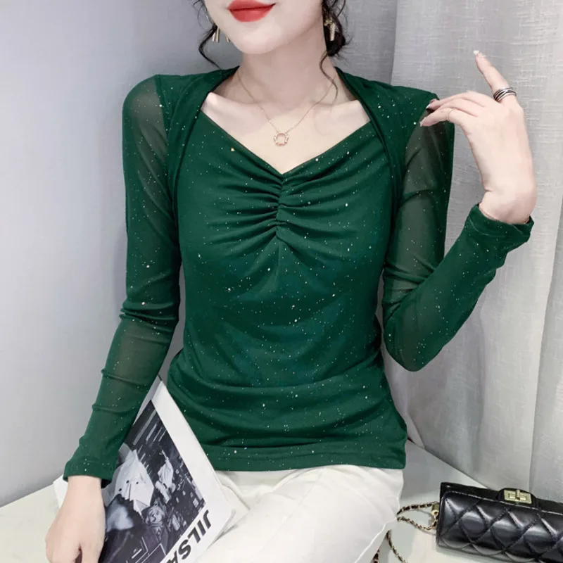 #8069 черная зеленая фиолетовая короткая Сетчатая футболка женская из двух частей