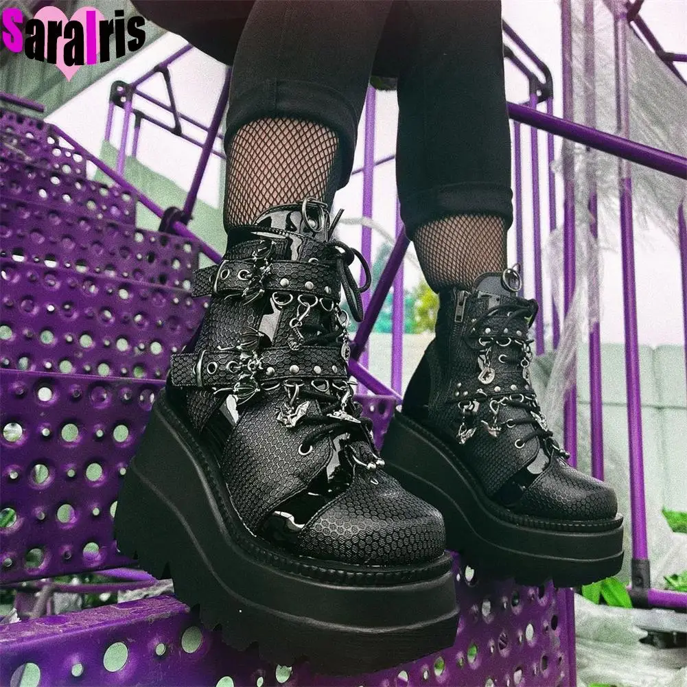 

2022 Autumn Winter Punk Street Ankle Boots Women Platform Wedges High Heels Motorcycle Short Boots Female Halloween Shoes Woman