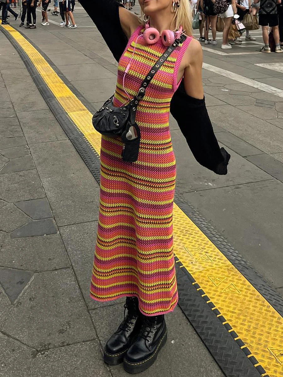 

Women Y2K Print Rib Knitted Bodycon Long Dress Sleeveless Bodycon Tank Dress Vintage Elegant Streetwear
