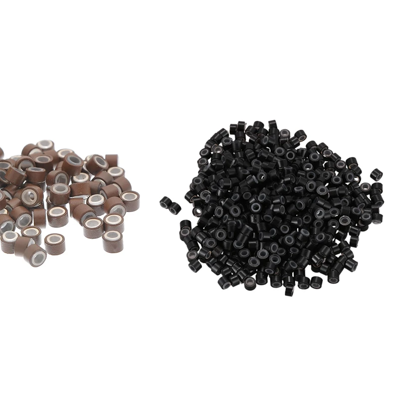 

1000 Pcs 5Mm Silicone Lined Mini-Ring Links Beads For I Stick Hair Extension Installation And Feathers Brown & Black