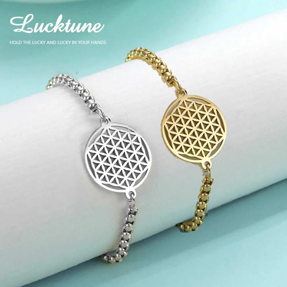 

Lucktune Viking Flower of Life Bracelet for Women Stainless Steel Hollow Geometric Box Chain Wrist Bracelets Wicca Jewelry Gift