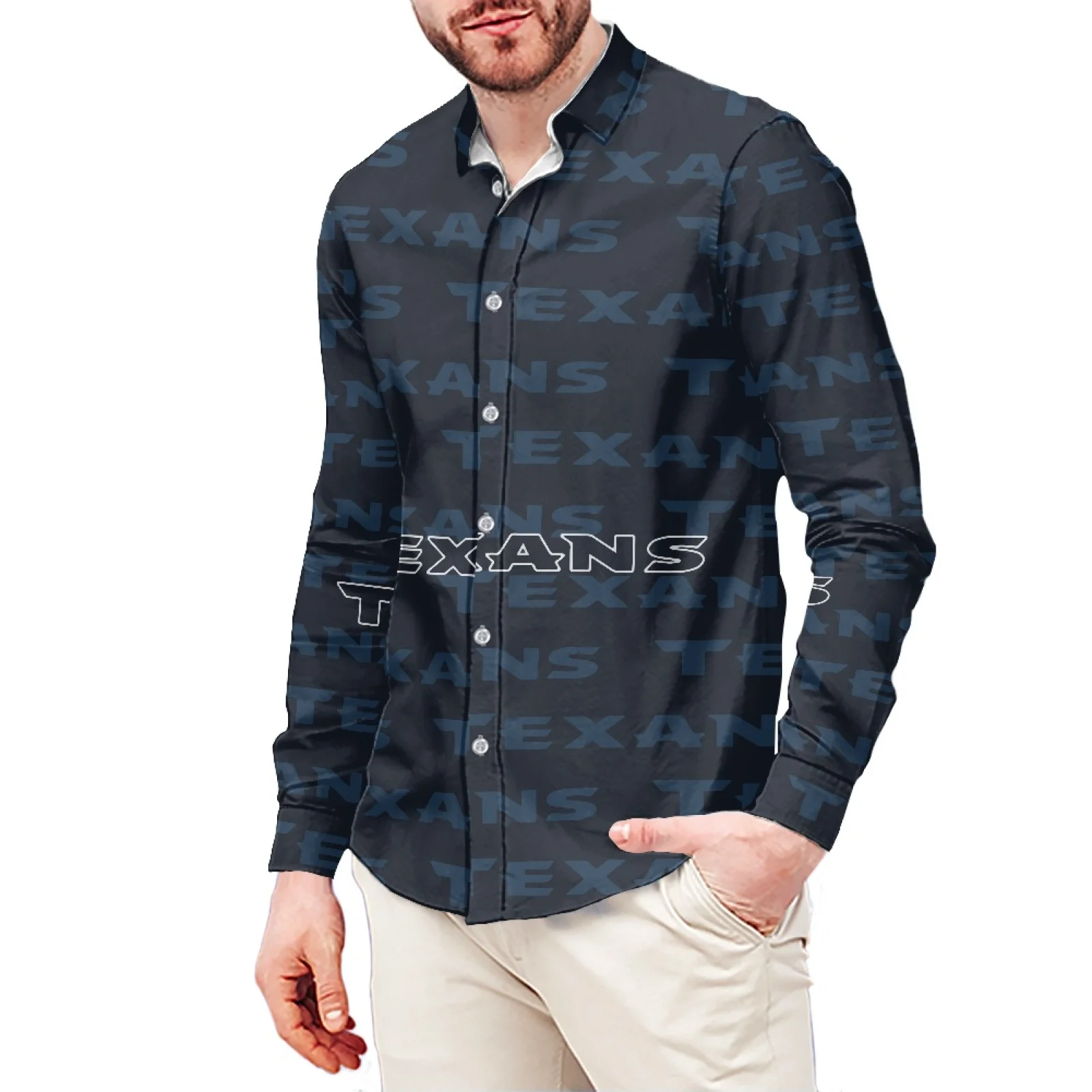 Black Letter-Texans Print Slim T-Shirt Polynesian Samoa Hawaiian Style Long Sleeve Shirt Men's Dress Shirt Wedding S-6x