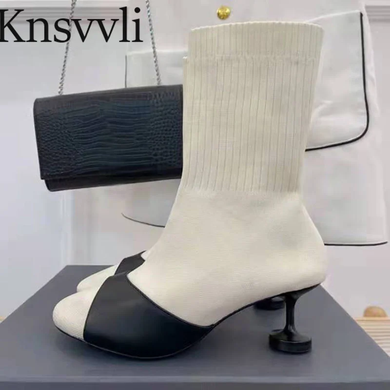 

New Strange Style Heel Sock Boots Woman Black White Yellow Ankles Boots Female Spring/Autumn Runway High Heels Boots Women