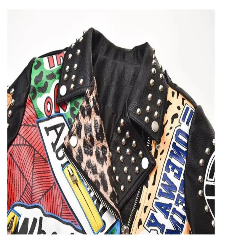 Slim graffiti leather jacket womens PU clothes punk European American printing motorcycle hit color heavy industry short coats