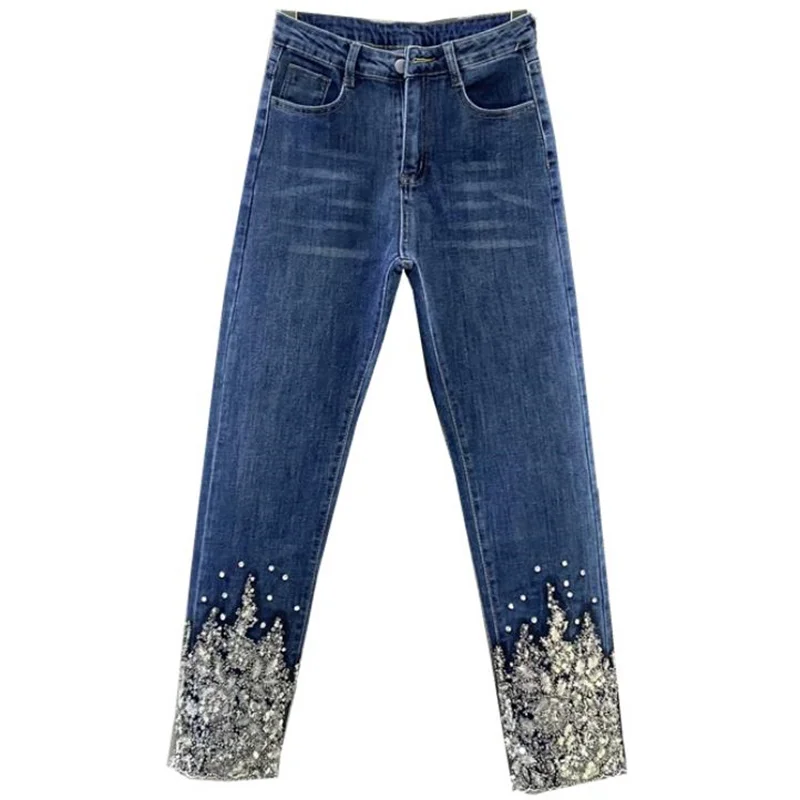 

Женские джинсы, Новинка осени 2022, модные облегающие прямые брюки с высокой талией, эластичные джинсовые брюки с блестками