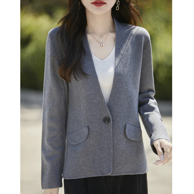 Свитер из смесовой шерсти кардиган вязаная куртка с v-образным вырезом и длинными