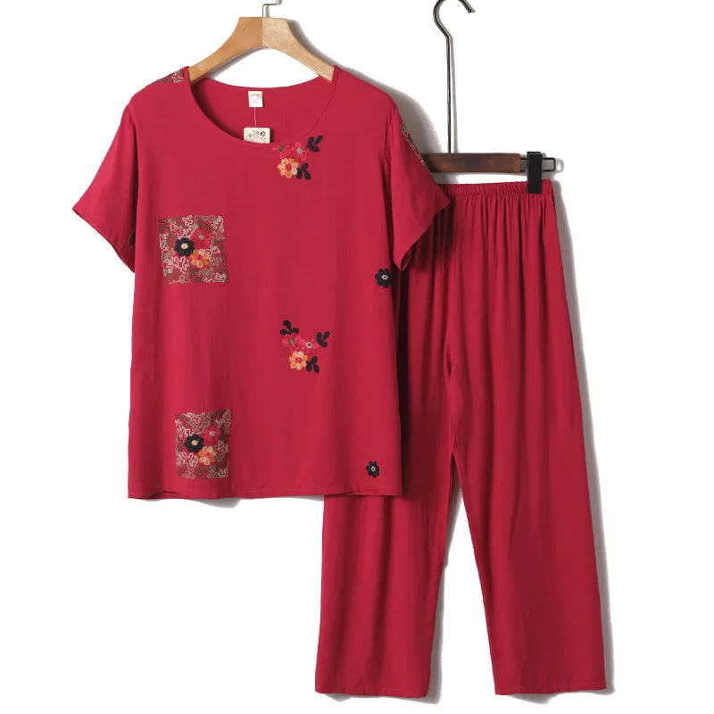 

Summer Soft Mom Nightwear Cotton Set Woman Two Pieces Female Short Sleeve Casual Pajama Home Plus Large Size Flower Blue Pink