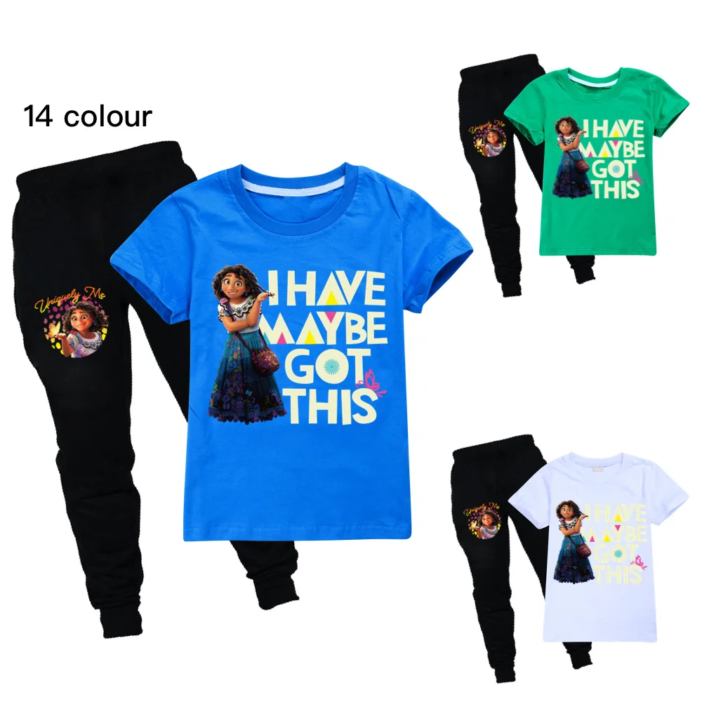 

2022 new Disney summer encanto cartoon letter printing cotton casual comfortable cute boys and girls T+ trousers suit