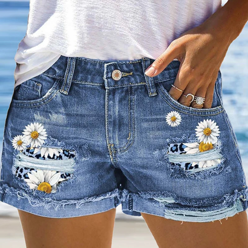

Summer Denim Shorts 2022 Fashion Ripped Printed Jeans Loose Casual Street Women's Pants New Boyfriend's Pants