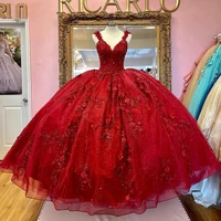 red evening dress 2022 v neck gorgeous ball gown quinceanera tulle flowers beading robes de soir%c3%a9e sleeveless sweet wedding