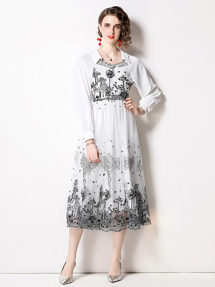 

Fashion Runway Spring Summer Midi Dress Women's Turn Down Neck Lantern Sleeve Mesh Embroidered Chiffon intage Party Dress