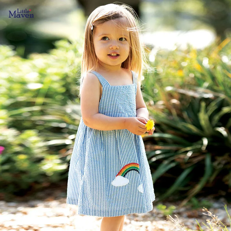 

Summer 2022 Little Girl Princess Dress Blue Striped Square Collar Sleeveless Dresses England Style Rainbow Embroidery Sundress
