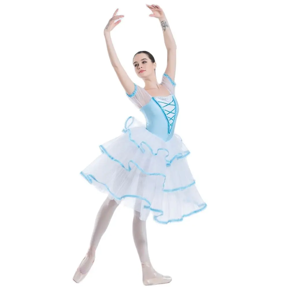 19338 Бледно-синий лиф с короткими рукавами танцевальный костюм балетная пачка для