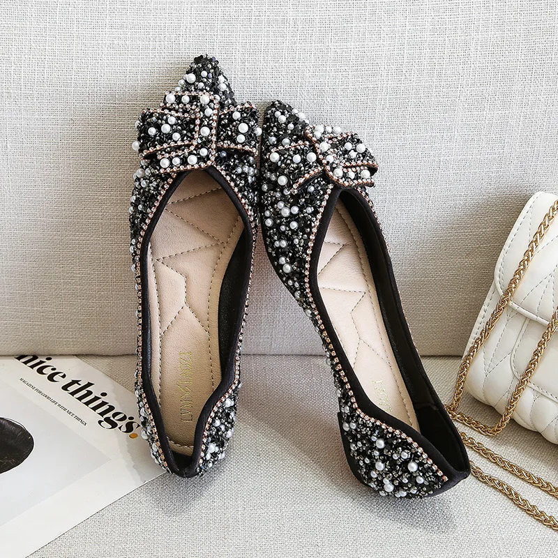 Sequins Beads Ballets Womens Shoes Bowknot Flats Pointed Toe Ladies Office Work Moccasins Shallow Chain Zapatos De Mujer Loafers