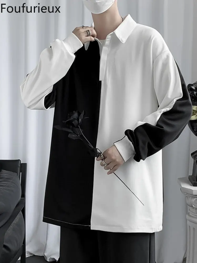 

Простой красивый черно-белый контрастный цвет, Мужская футболка в стиле пэчворк, новинка, свободный воротник, универсальные повседневные т...