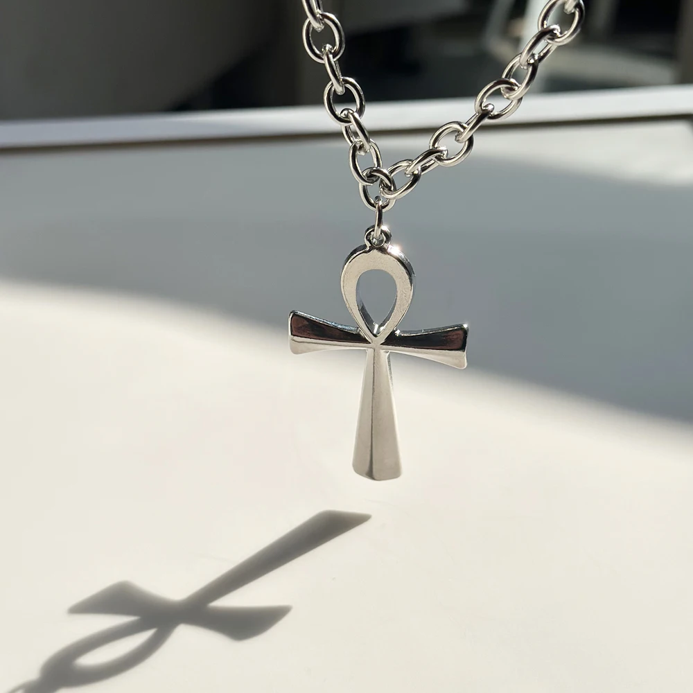 Унисекс большое египетское ожерелье с подвеской в виде креста Анк посеребренное