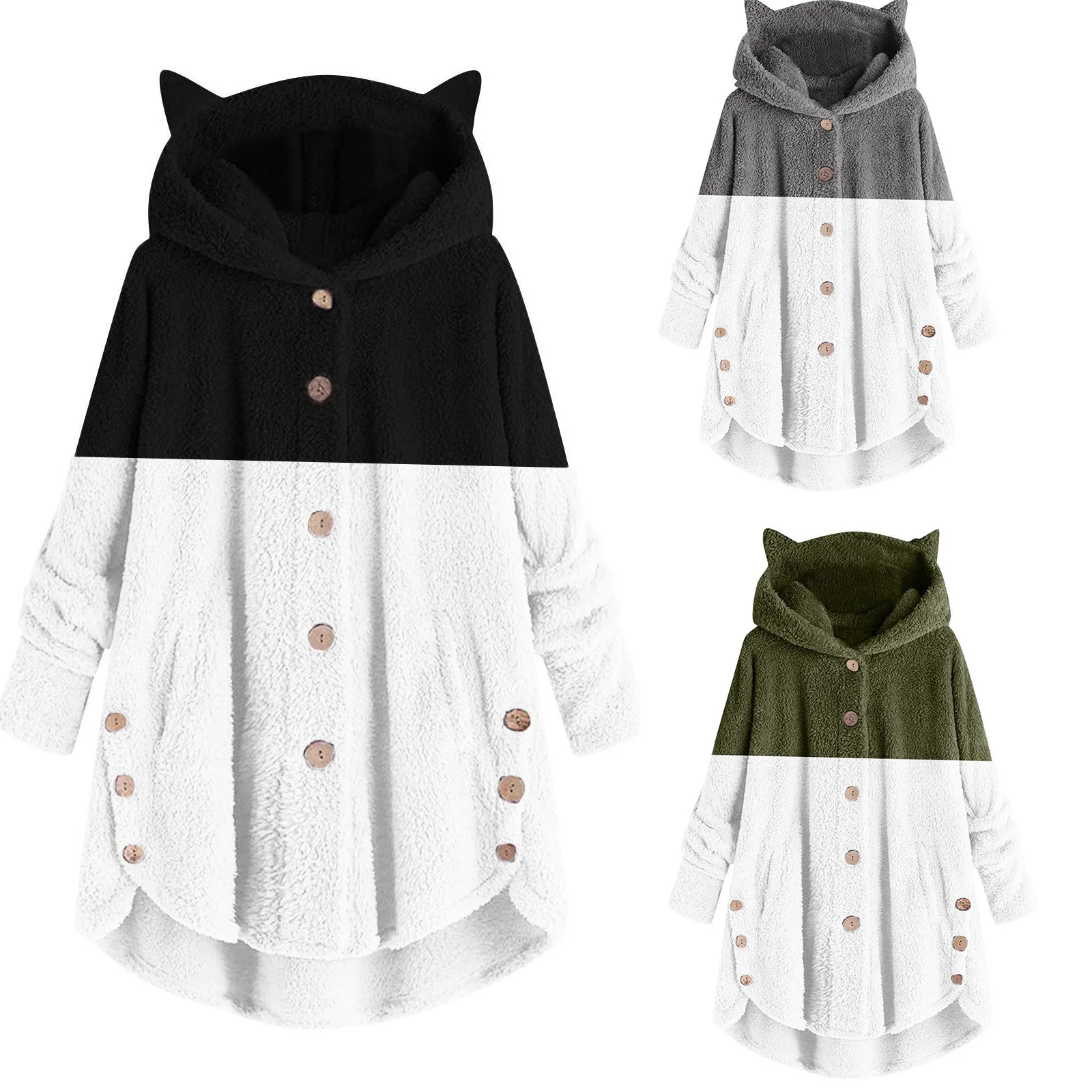 

Women's winter thickened plush top Women's irregular color matching hooded jacket Women