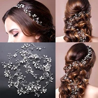 hb14 crystal hair vine for bride hair accessories pearls long bridal headband wedding headgear head jewelry women headdress
