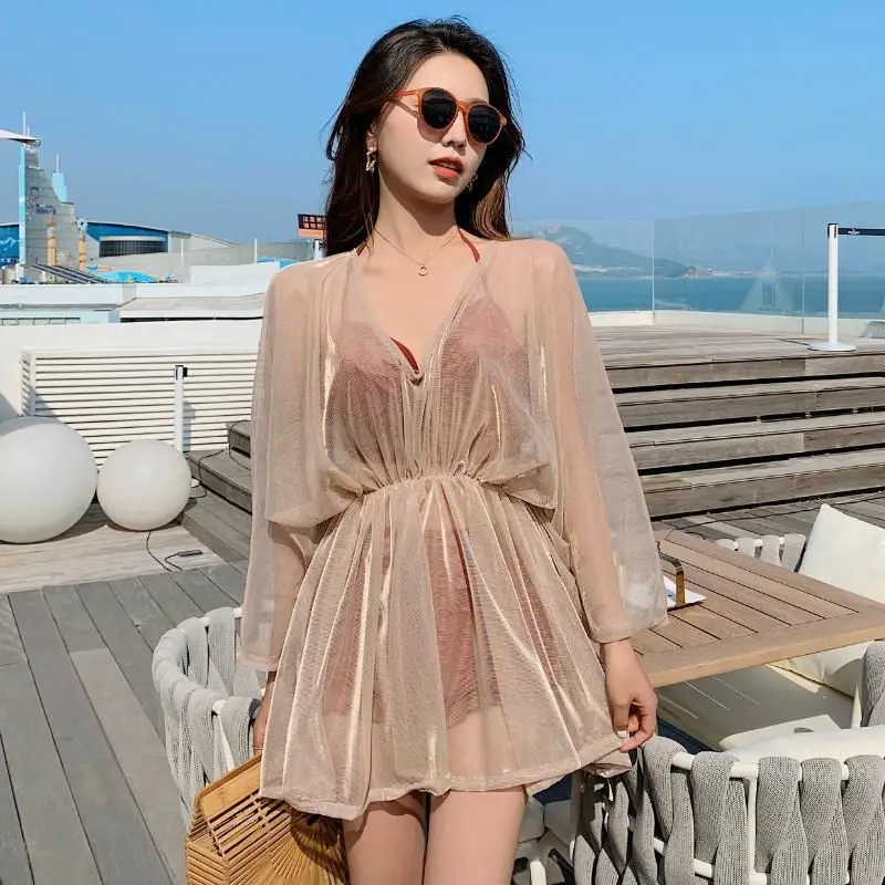 

Women Beachwear Fairy Long Sleeve Separate Swimsuit Bikini For Girls Korea Sexy Thin Cover Belly Boxer Hot Spring Swimwear