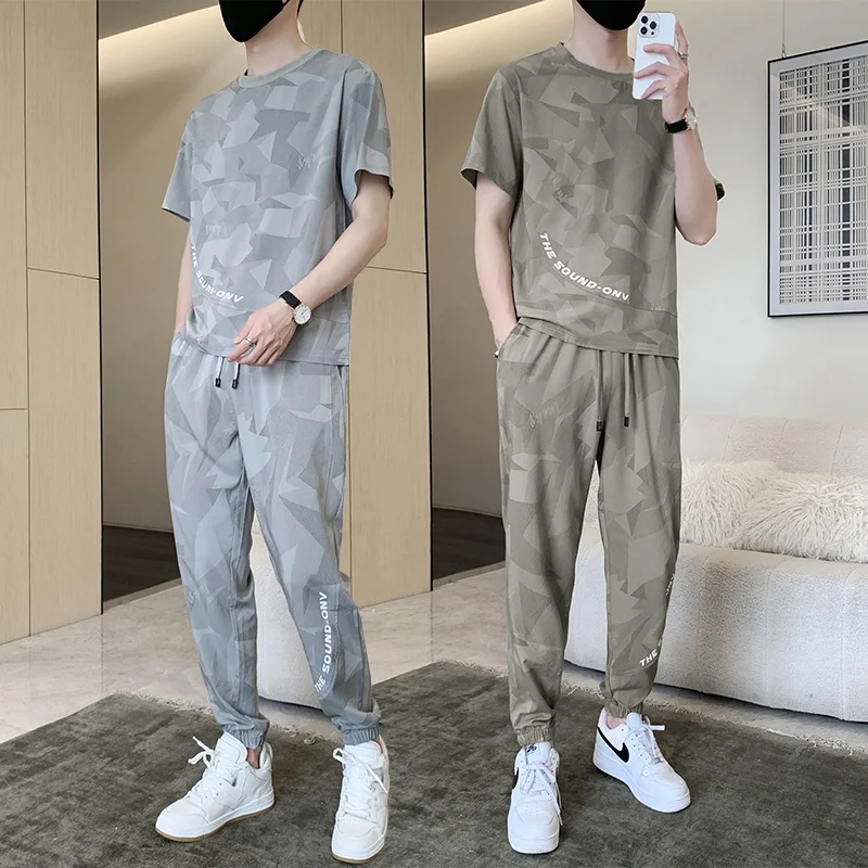 Summer Men's 2-Piece Suit Elastic Belt Pleated Casual Wear Men's Business Short Sleeve T-Shirt Trousers Suit Men's Clothing