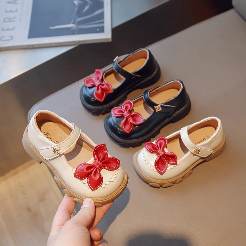 

Туфли для девочек, мягкая подошва, дышащие, кожаные, с бантом, в Корейском стиле, весна-осень