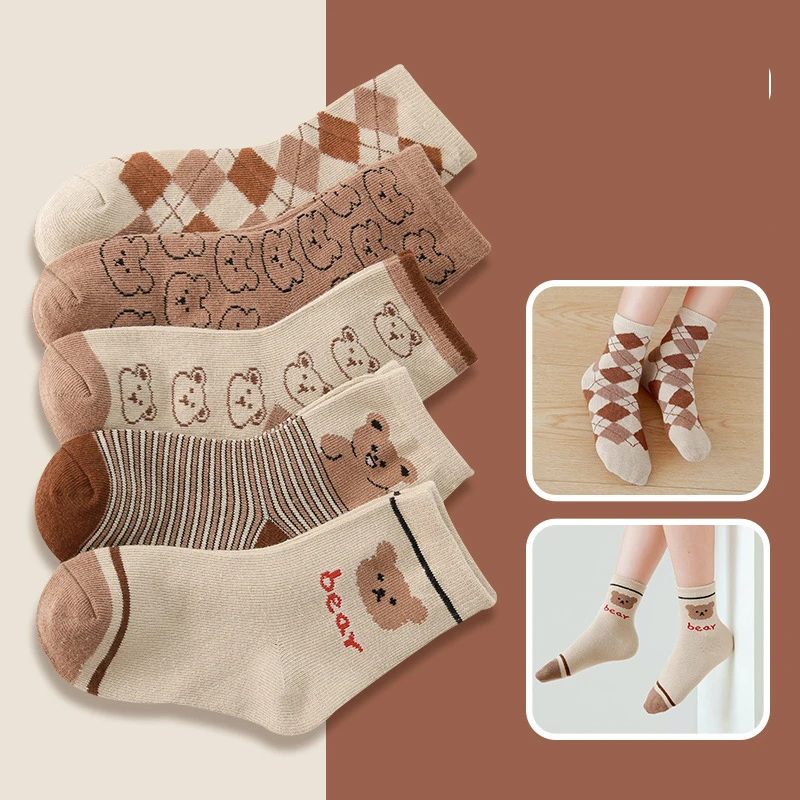 

5Pairs/Set Children Socks For Kids Winter Warm Cotton Retro Coffee Baby Sock Cartoon Bear Jacquard Weave Girls Sock New 1-12Y