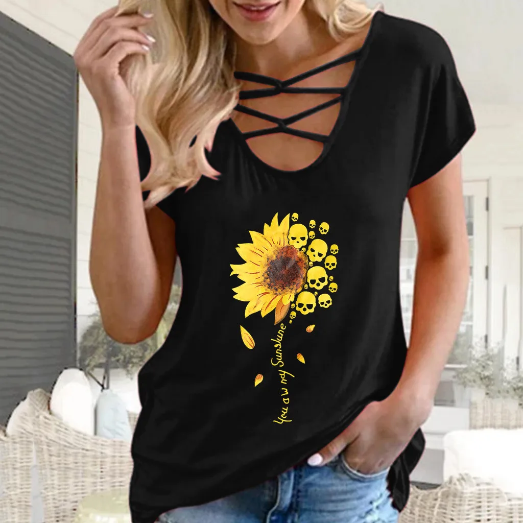 

Womens Summer T Shirt Short Sleeve Sunflower Print Casual Tops