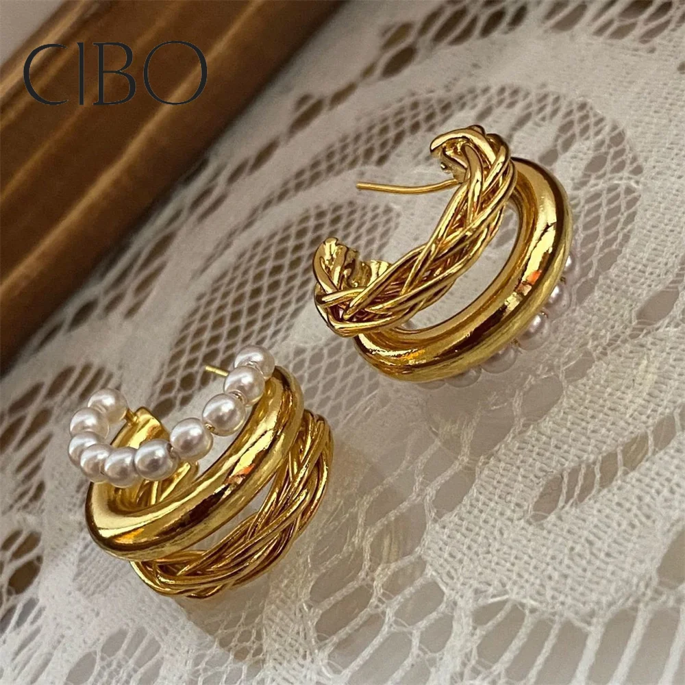

2022 New Niche French Pearl Earrings New Ins Tide Twist Woven Hollow Earrings Retro Metal Small Circle Earrings
