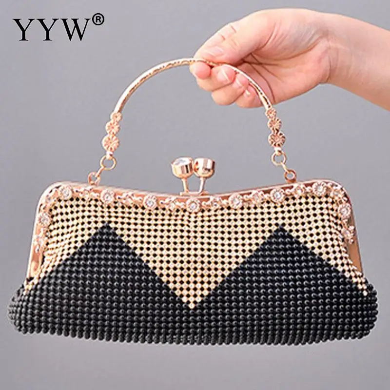 Luxury Diamond Beaded Women Evening Party Clutch Handbag Bling Rhinestone Soft PU Leather Metal Handle Lady Purse with Chain