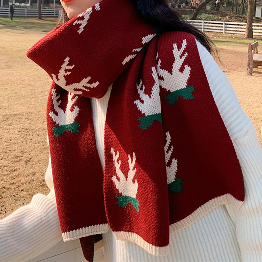 New Year Christmas Plaid Knit Red Scarf Female Winter Snowflake Warm Soft Long Wrap Shawl All-Match Imitation Cashmere Scarves