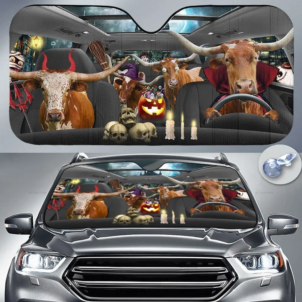 

Funny Texas Longhorn Cattle Family in Costumes Halloween Farm Car Sunshade Windshield Window, Gift for Farmer, Car Windshield Au