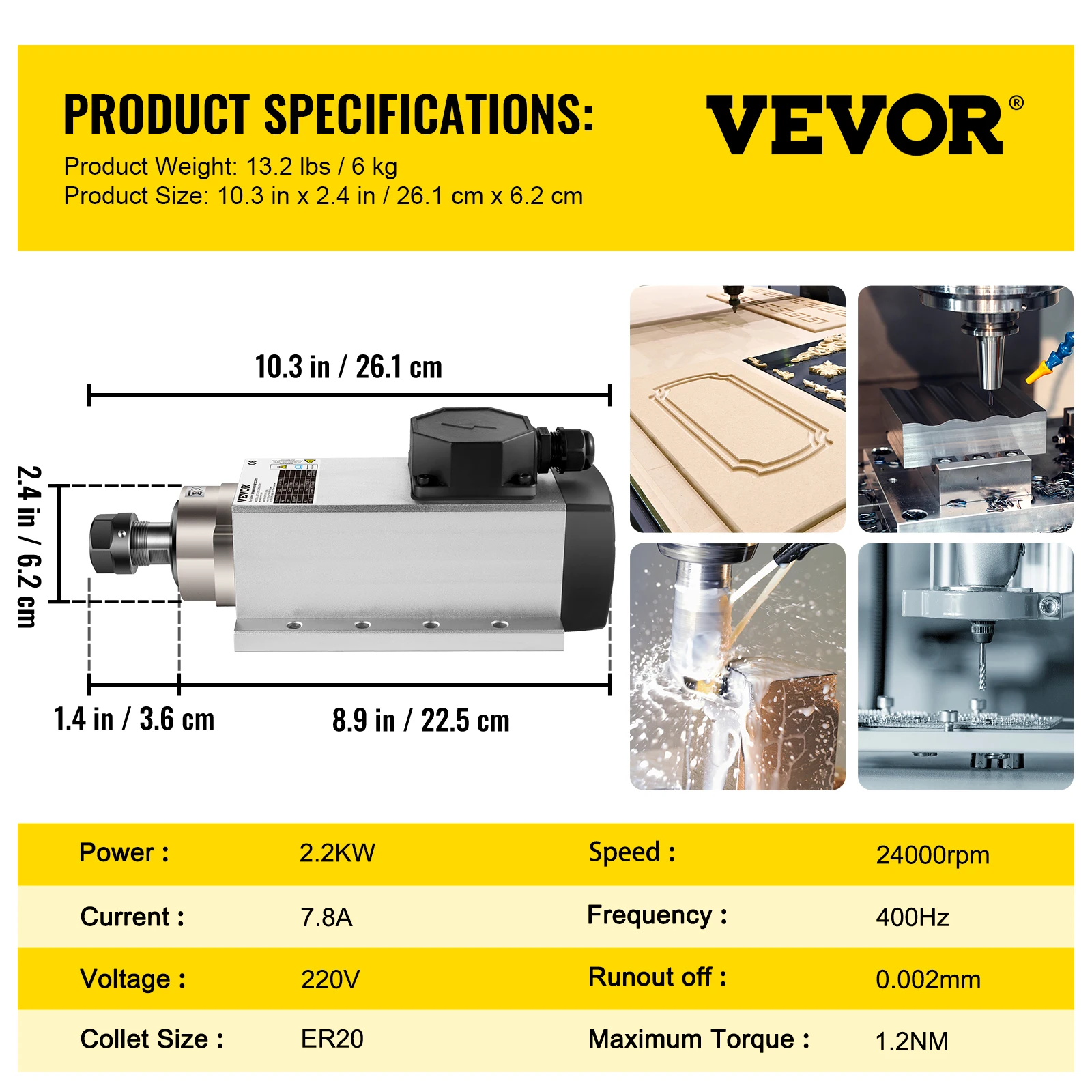 VEVOR 2.2KW CNC квадратный воздушное охлаждение шпиндель двигатель ER20 цанга 4 подшипник