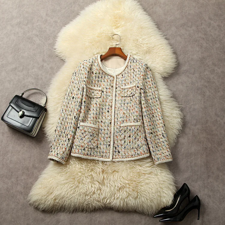 

Женская одежда в европейском и американском стиле, Новинка осени 2023, однобортная модная короткая твидовая куртка с длинным рукавом и круглым вырезом и карманами