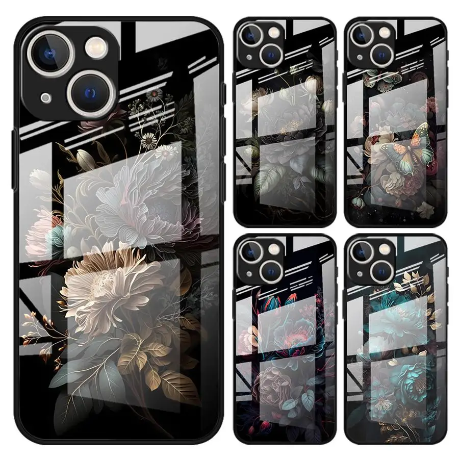 Фото Чехол-накладка из стекла для iPhone 17 Pro Max 16 14 XR 8 Air 13 11 15 Plus 12 с цветочным принтом пионов №1