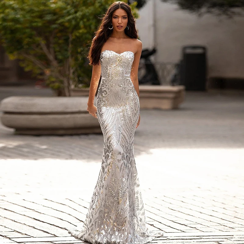 2022 Women Elegant Prom Dress Sexy Sequined Backless Sleeveless Strapless Floor Length Mermaid Party Silver Dresses