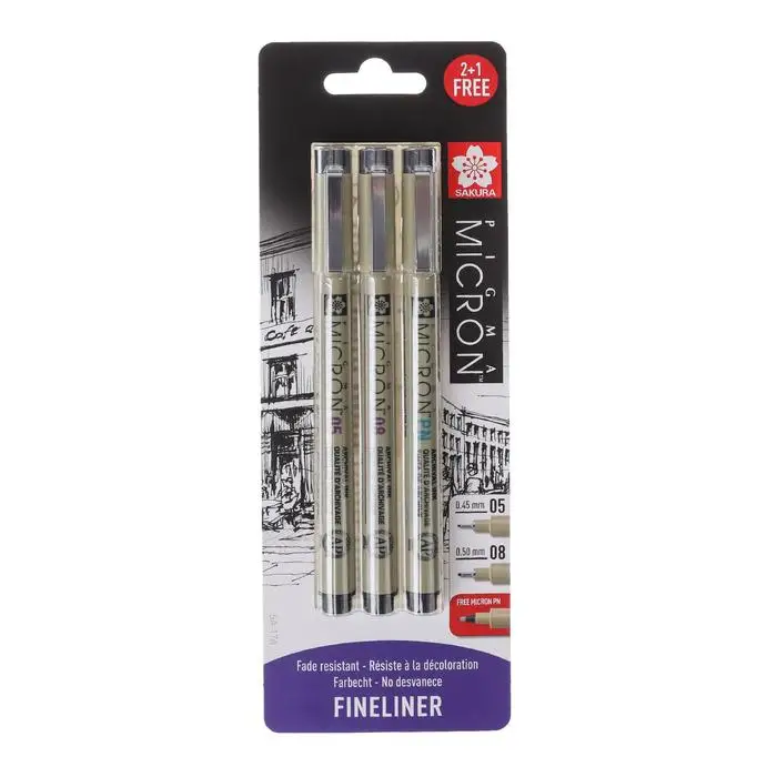 Набор ручек капиллярных 3 штуки (линеры 0.45 0.5 PN) Sakura Pigma Micron цвет чёрный (пигментные