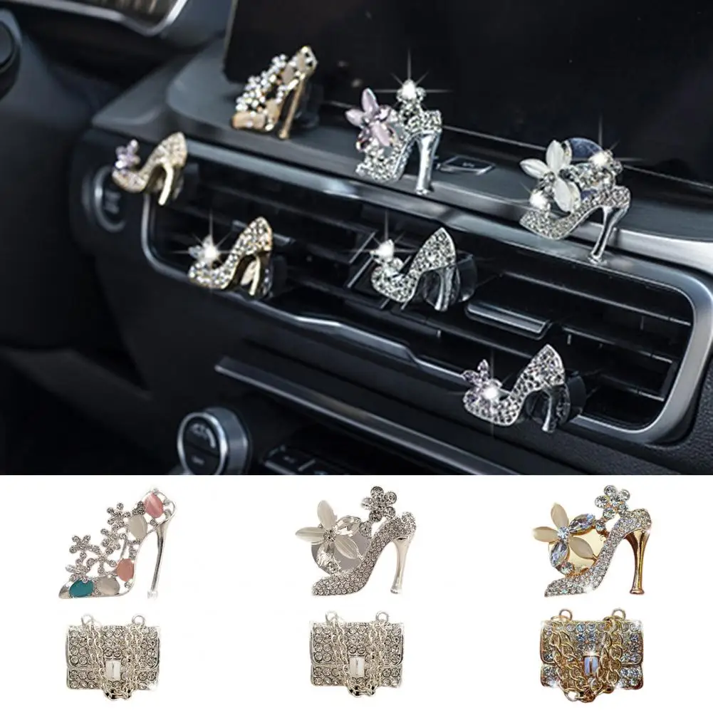 

2Pcs Car Air Vent Clip Bling Rhinestone High-heeled Shoe Bag Shape Car Diffuser Vent Clip Air Freshener Interior Accessories