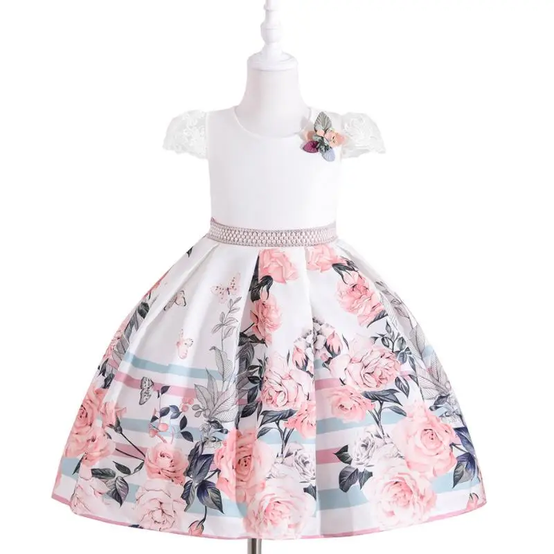 

Children's Clothing Girls European American Style 2021The New Pink Lace Dress Printing Pretty Party Evening Dress Clothing