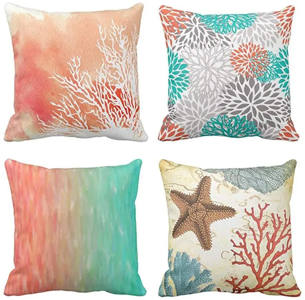 

Set of 4 Throw Pillow Covers Watercolor Coral Blue Aqua Orange and White Splash Reef Modern Decorative Pillow Cases Home