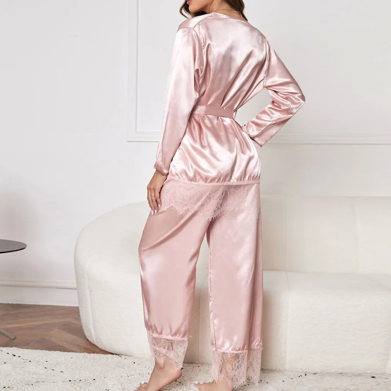 Summer Woman Sleepwear Suit Lace Trim Satin Pajamas Set High Waist Robe Trousers Sexy Silk Pijamas Casual Home Clothes Nightwear