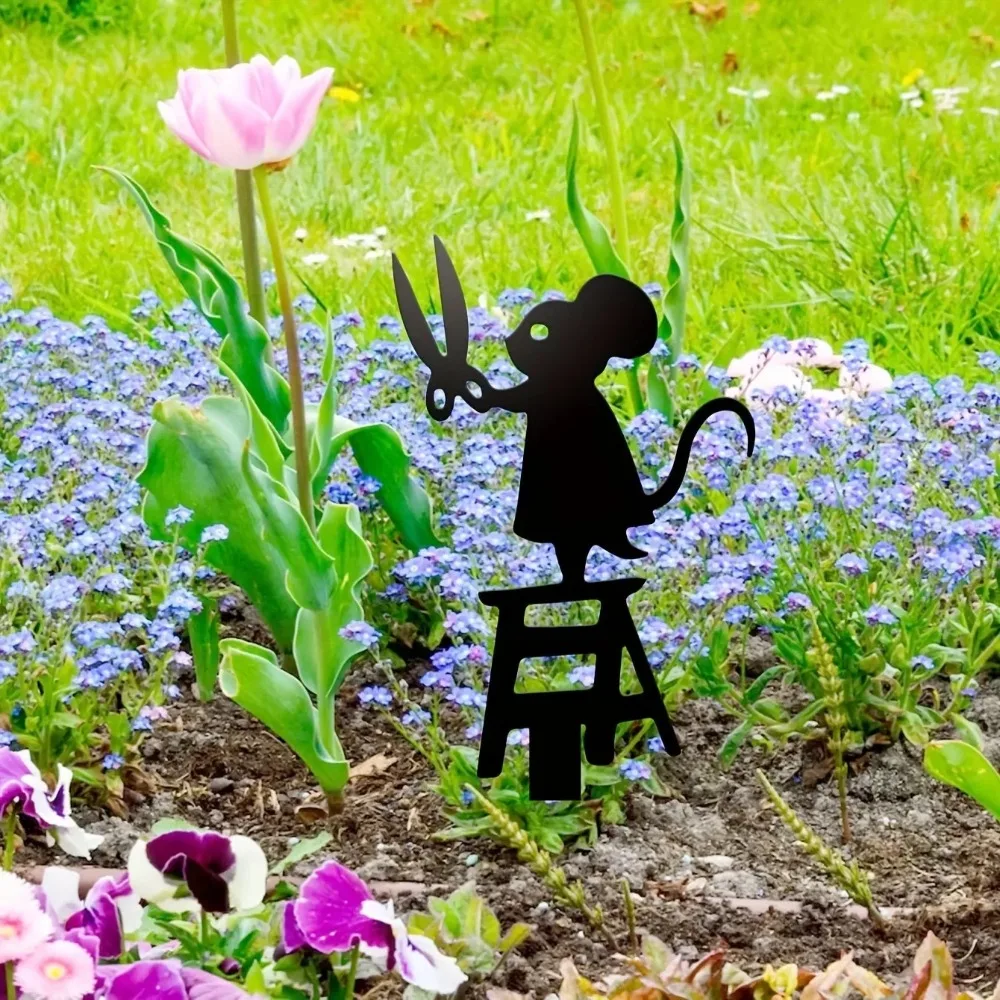 1 Шт. Металлическая Садовая Силуэтная Мышь С Ножницами Дизайн Декоративная