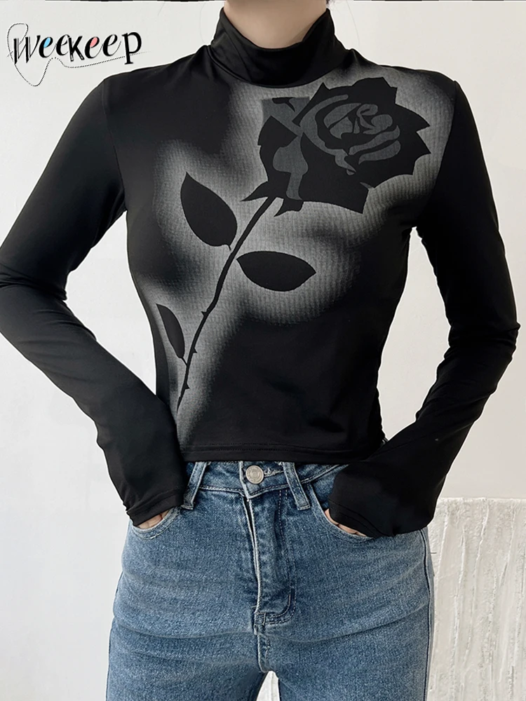 

Weekeep Fall Basic Turtleneck Top Vintage Floral Print Full Sleeve Crop Tops Casual Streetwear Pullovers Elegant Women T Shirts