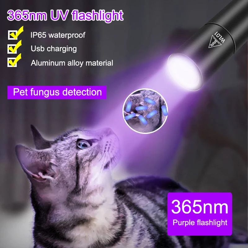 

Mini 365nm UV Flashlight 3W Ultraviolet Blacklight USB Rechargeable Purple Linternas Carpet Pet Urine Detector Catch Scorpions