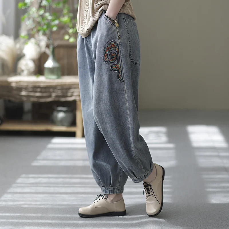 

Индийская Народная вышивка, женские джинсы, винтажные 2023, эластичные шаровары, свободные, повседневные, универсальная женская одежда, высокое качество