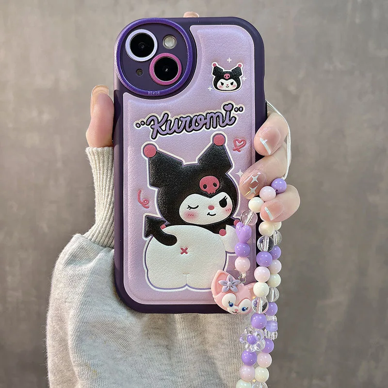 

Cute Cartoon Sanrio Kuromi With Lanyard Leather Phone Case For iPhone 14 13 12 11 Pro Max iPhone 11 Anti-drop Soft Back Cover